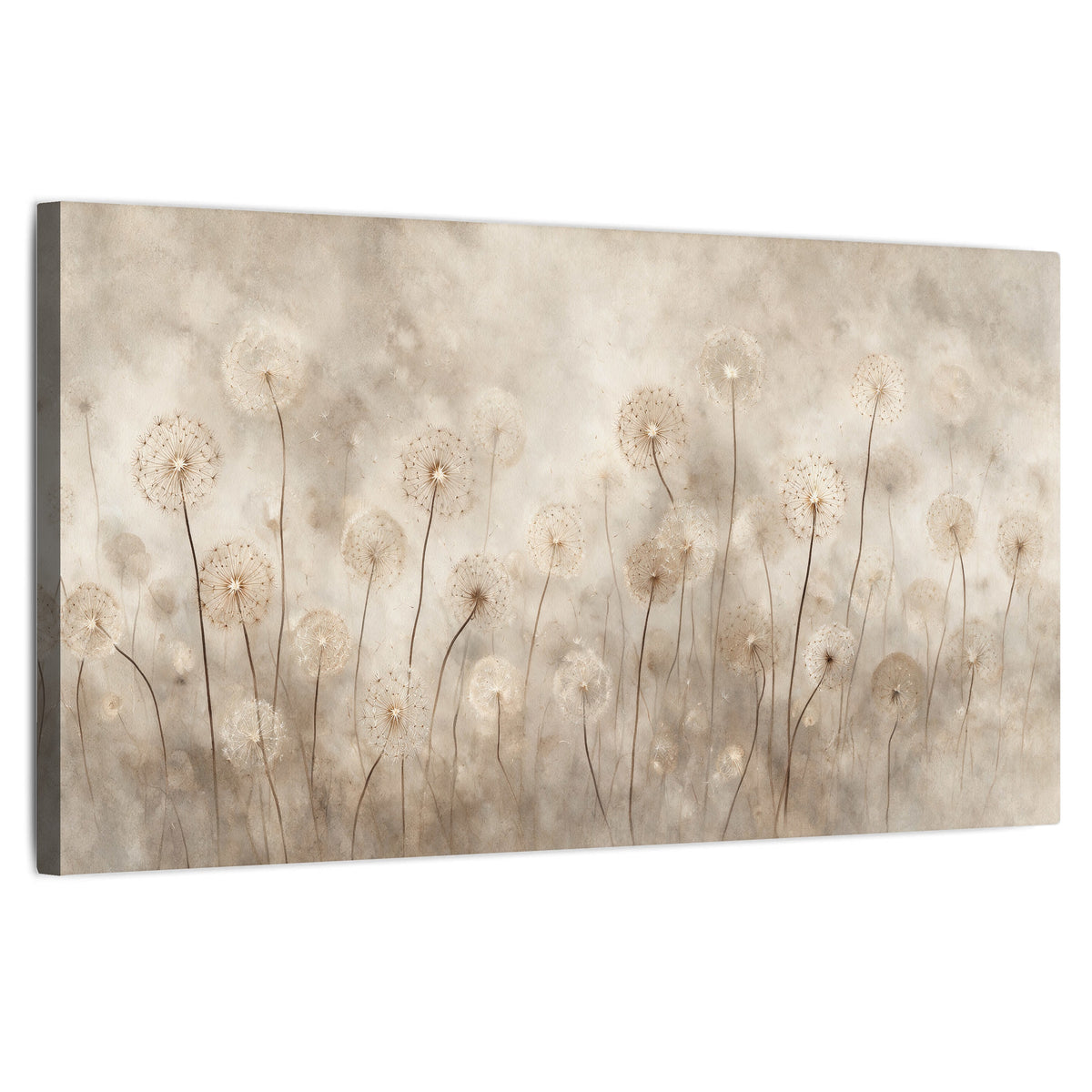 Misty dandelion field painting stretched canvas wall art on a white background