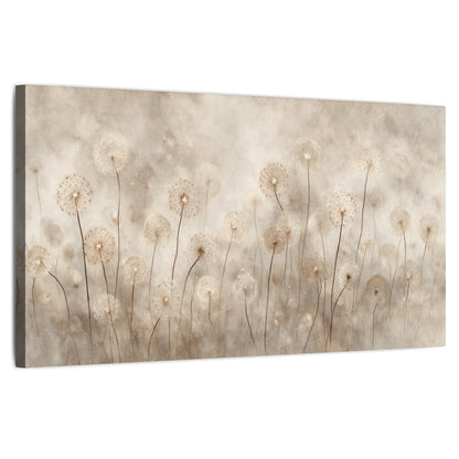 Misty dandelion field painting stretched canvas wall art on a white background