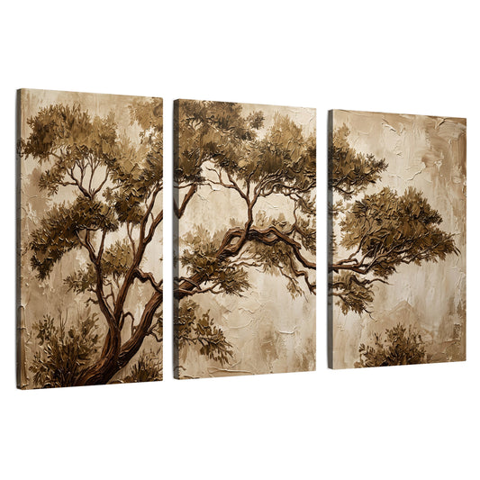 Sepia tree textured painting 3 piece canvas wall art set on a white background