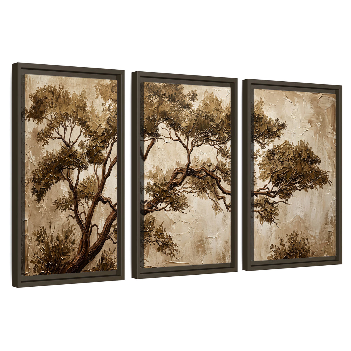Sepia tree textured painting 3 piece framed canvas wall art set on a white background