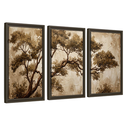 Sepia tree textured painting 3 piece framed canvas wall art set on a white background