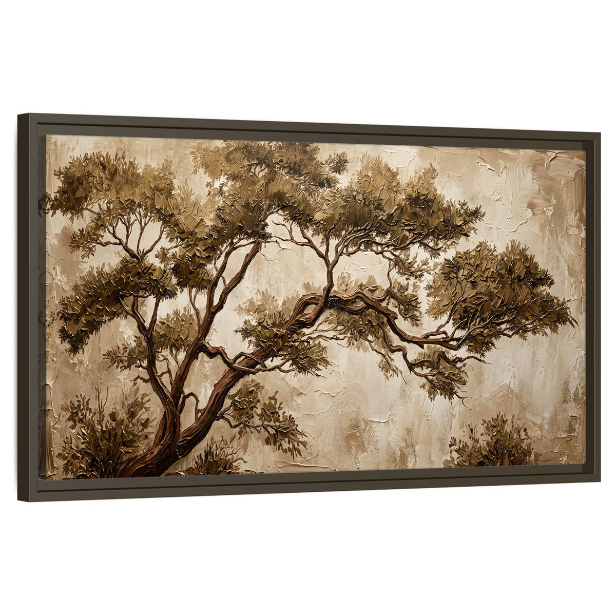 Sepia tree textured painting framed canvas wall art on a white background