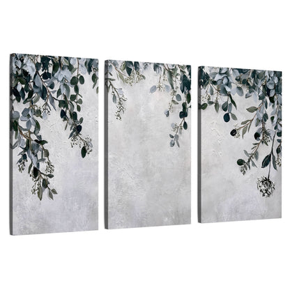 Eucalyptus leaves painting 3 piece canvas wall art set on a white background