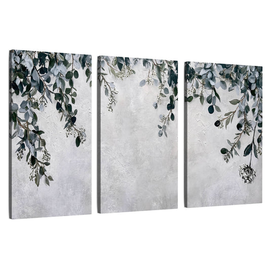 Eucalyptus leaves painting 3 piece canvas wall art set on a white background