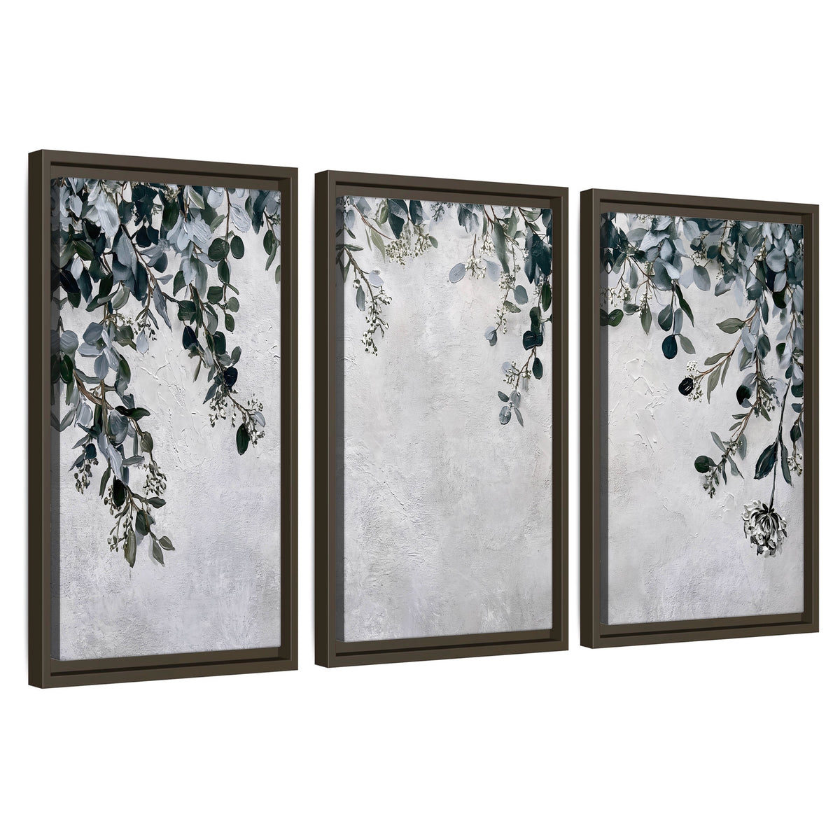 Eucalyptus leaves painting 3 piece framed canvas wall art set on a white background