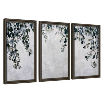 Eucalyptus leaves painting 3 piece framed canvas wall art set on a white background