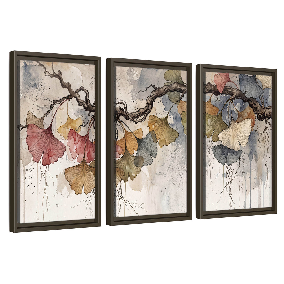 Ginkgo leaves watercolor painting 3 piece framed canvas wall art set on a white background