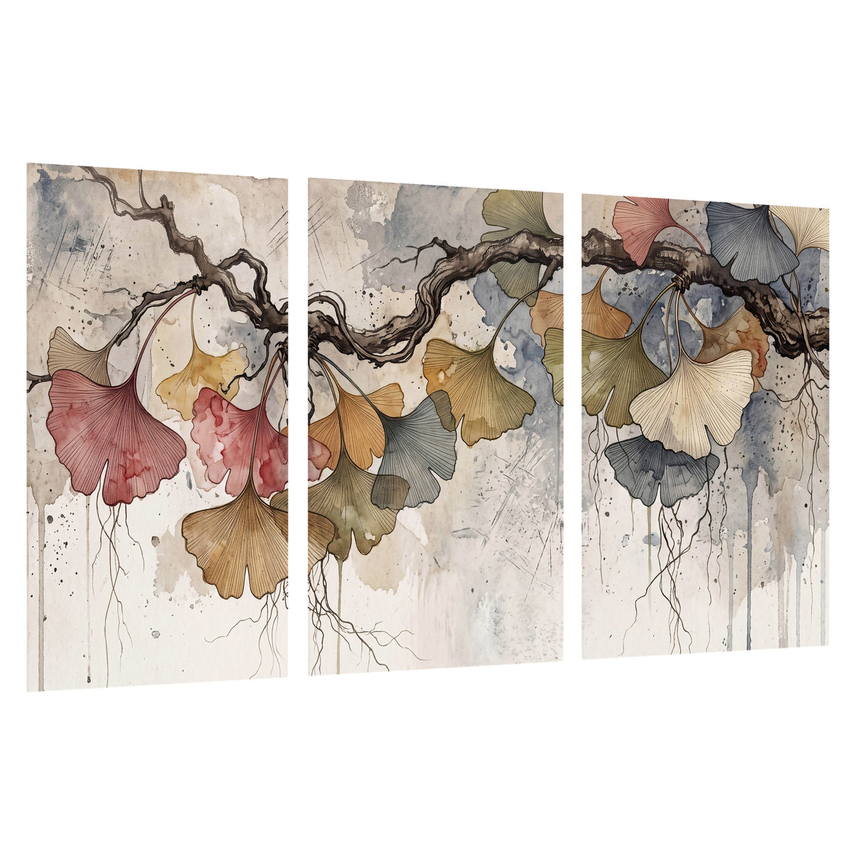 Ginkgo leaves watercolor painting set of 3 poster prints on a white background