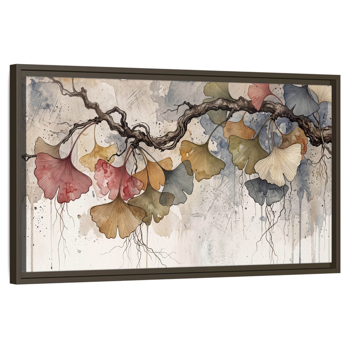 Ginkgo leaves watercolor painting framed canvas wall art on a white background