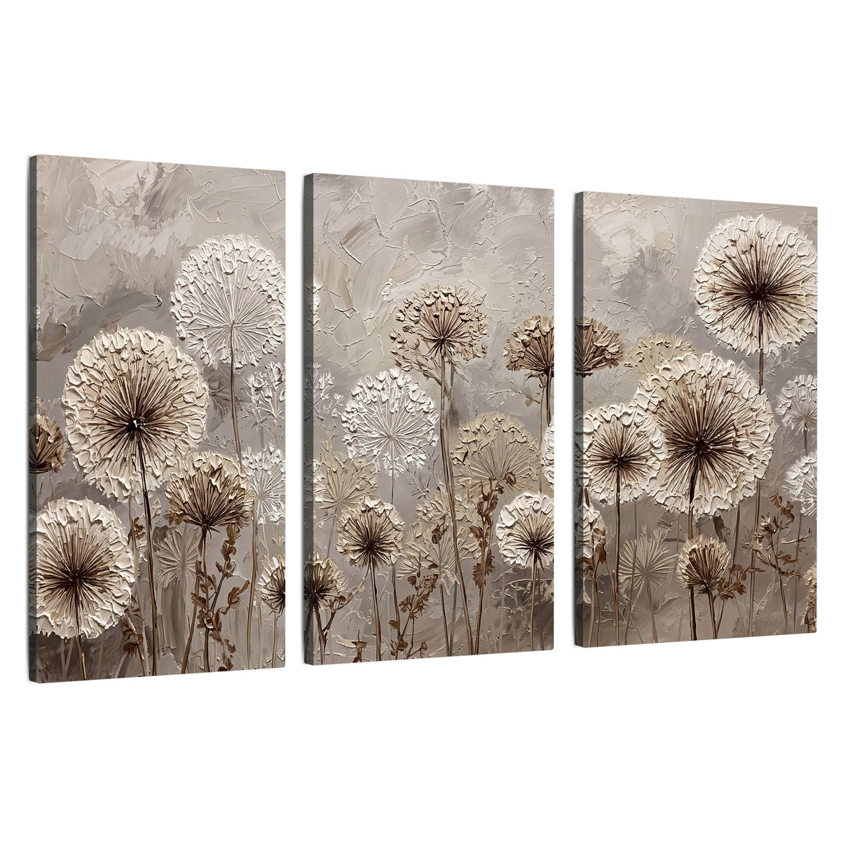 Textured dandelion painting 3 piece canvas wall art set on a white background