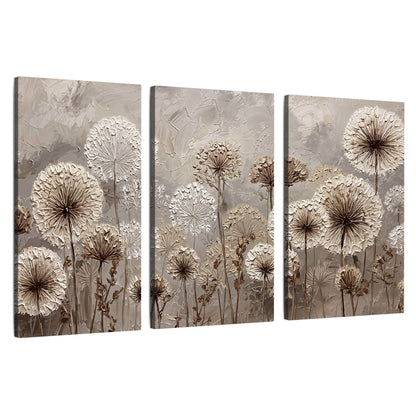 Textured dandelion painting 3 piece canvas wall art set on a white background