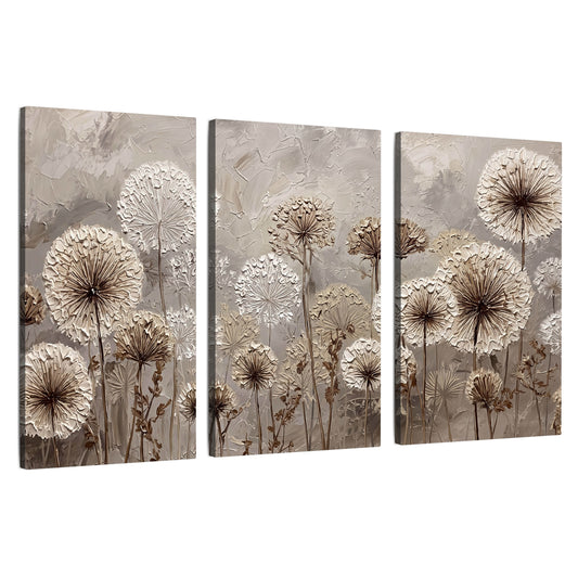 Textured dandelion painting 3 piece canvas wall art set on a white background