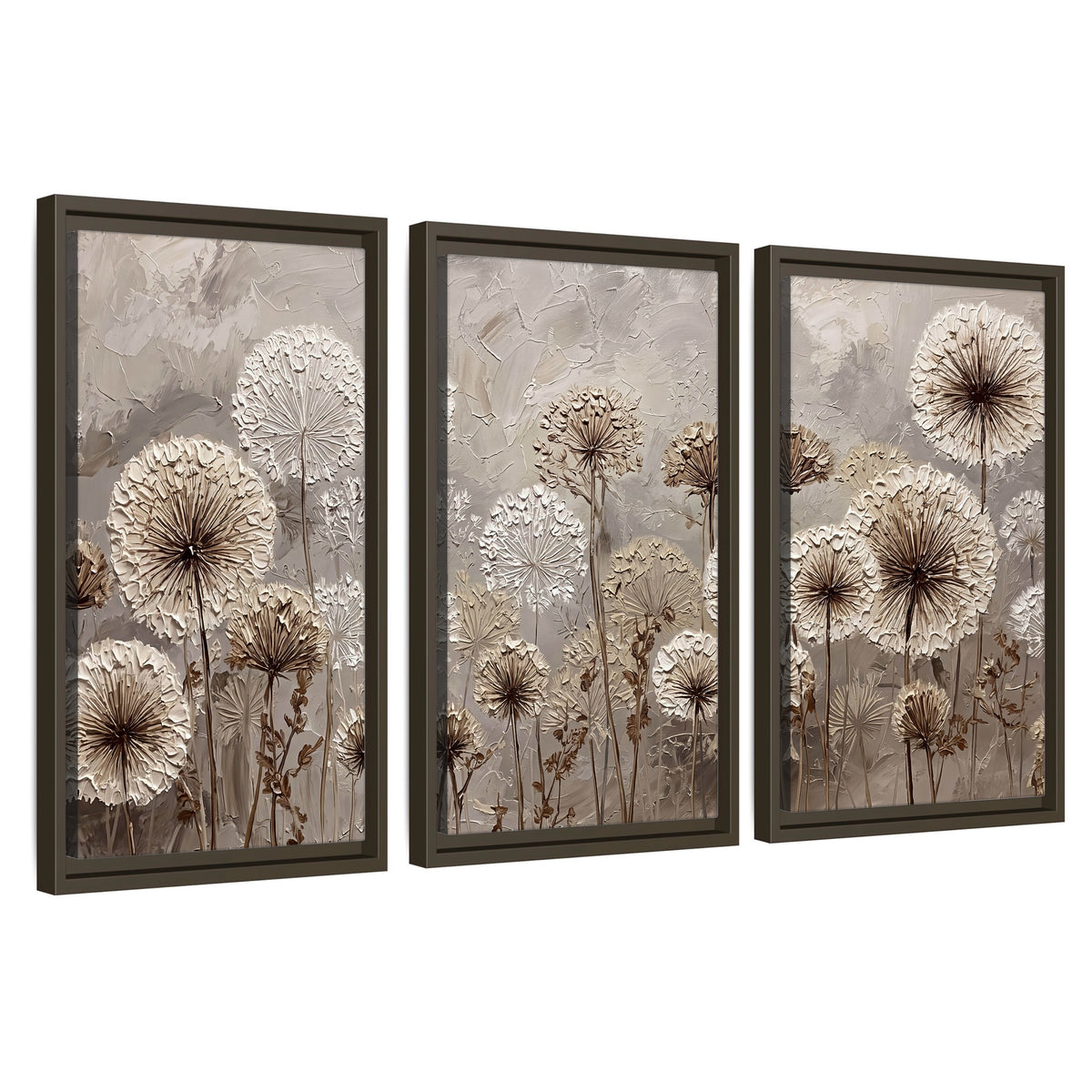 Textured dandelion painting 3 piece framed canvas wall art set on a white background
