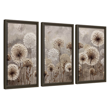 Textured dandelion painting 3 piece framed canvas wall art set on a white background