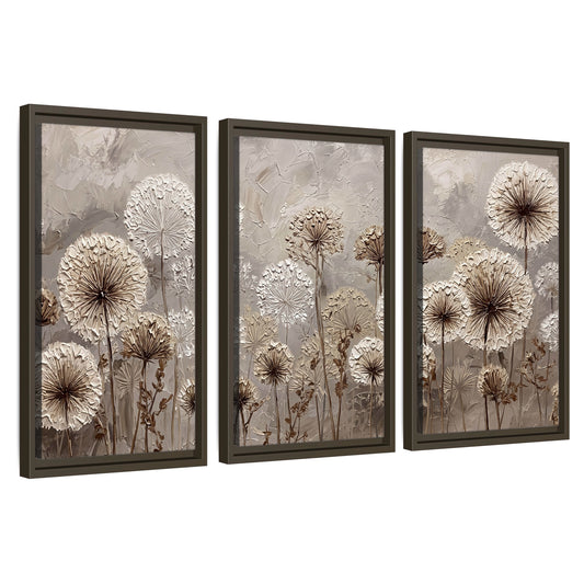 Textured dandelion painting 3 piece framed canvas wall art set on a white background