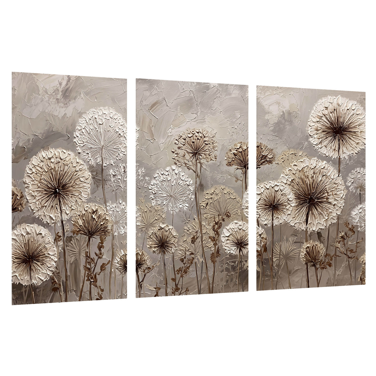 Textured dandelion painting set of 3 poster prints on a white background