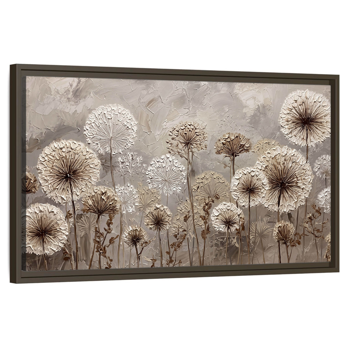 Textured dandelion painting framed canvas wall art on a white background