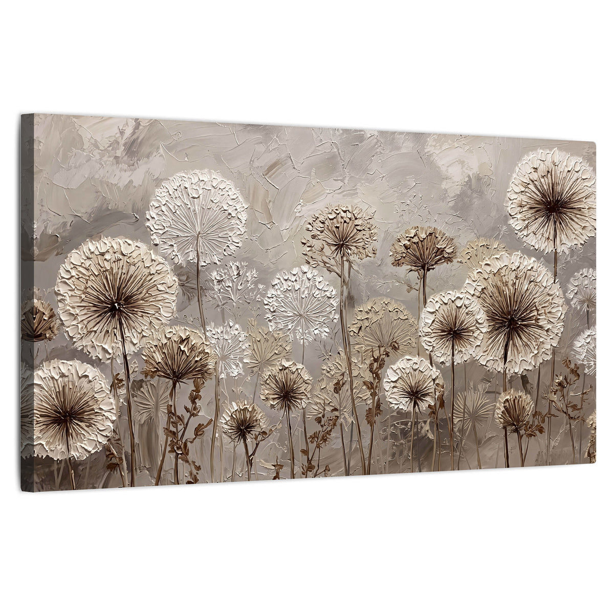 Textured dandelion painting stretched canvas wall art on a white background