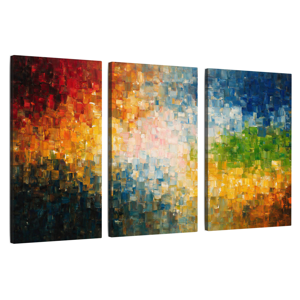 Colorful mosaic abstract painting 3 piece canvas wall art set on a white background