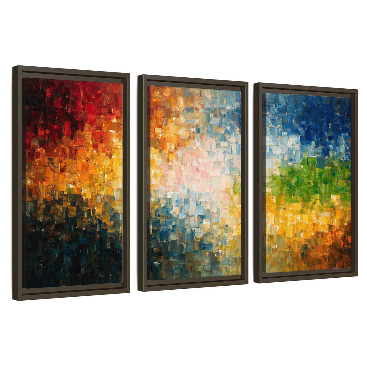 Colorful mosaic abstract painting 3 piece framed canvas wall art set on a white background