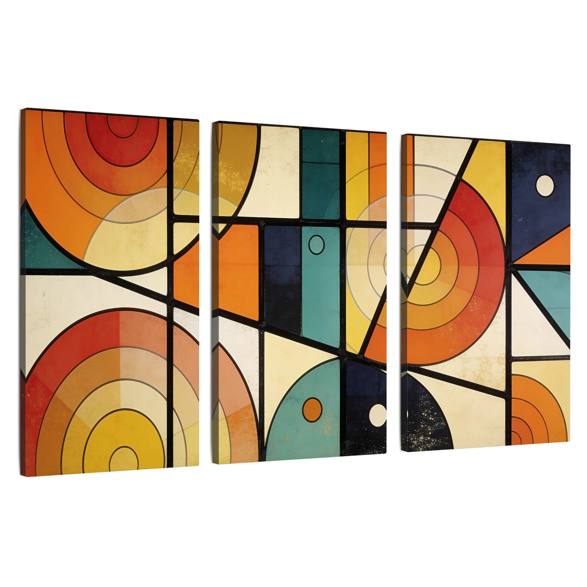 Mid century geometric abstract painting 3 piece canvas wall art set on a white background