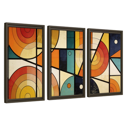 Mid century geometric abstract painting 3 piece framed canvas wall art set on a white background