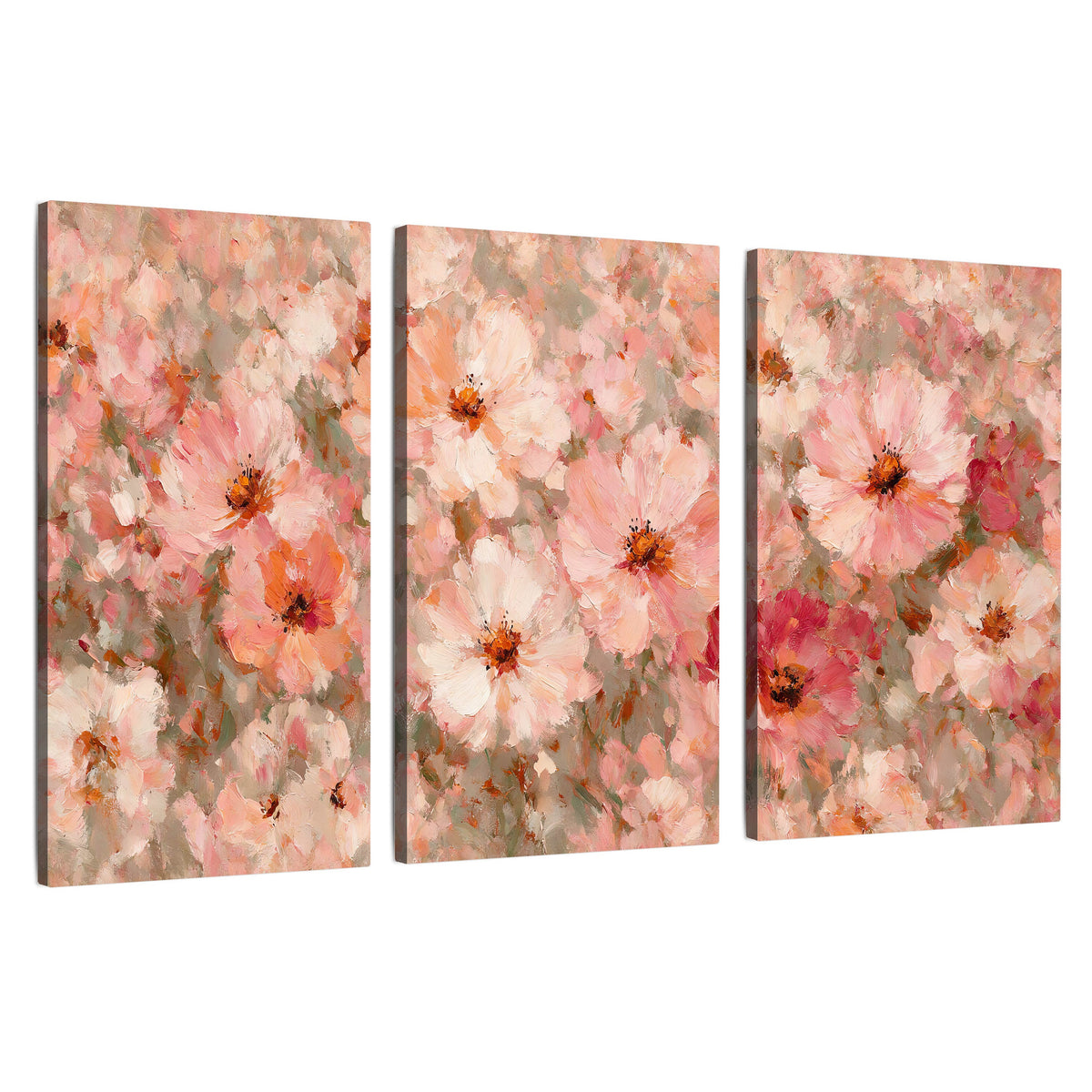 Blush pink flowers painting 3 piece canvas wall art set on a white background