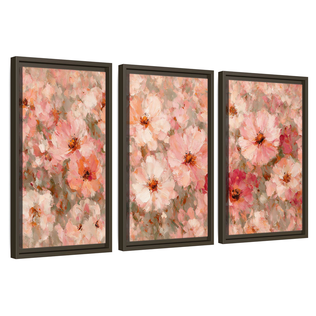 Blush pink flowers painting 3 piece framed canvas wall art set on a white background