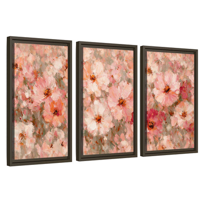Blush pink flowers painting 3 piece framed canvas wall art set on a white background