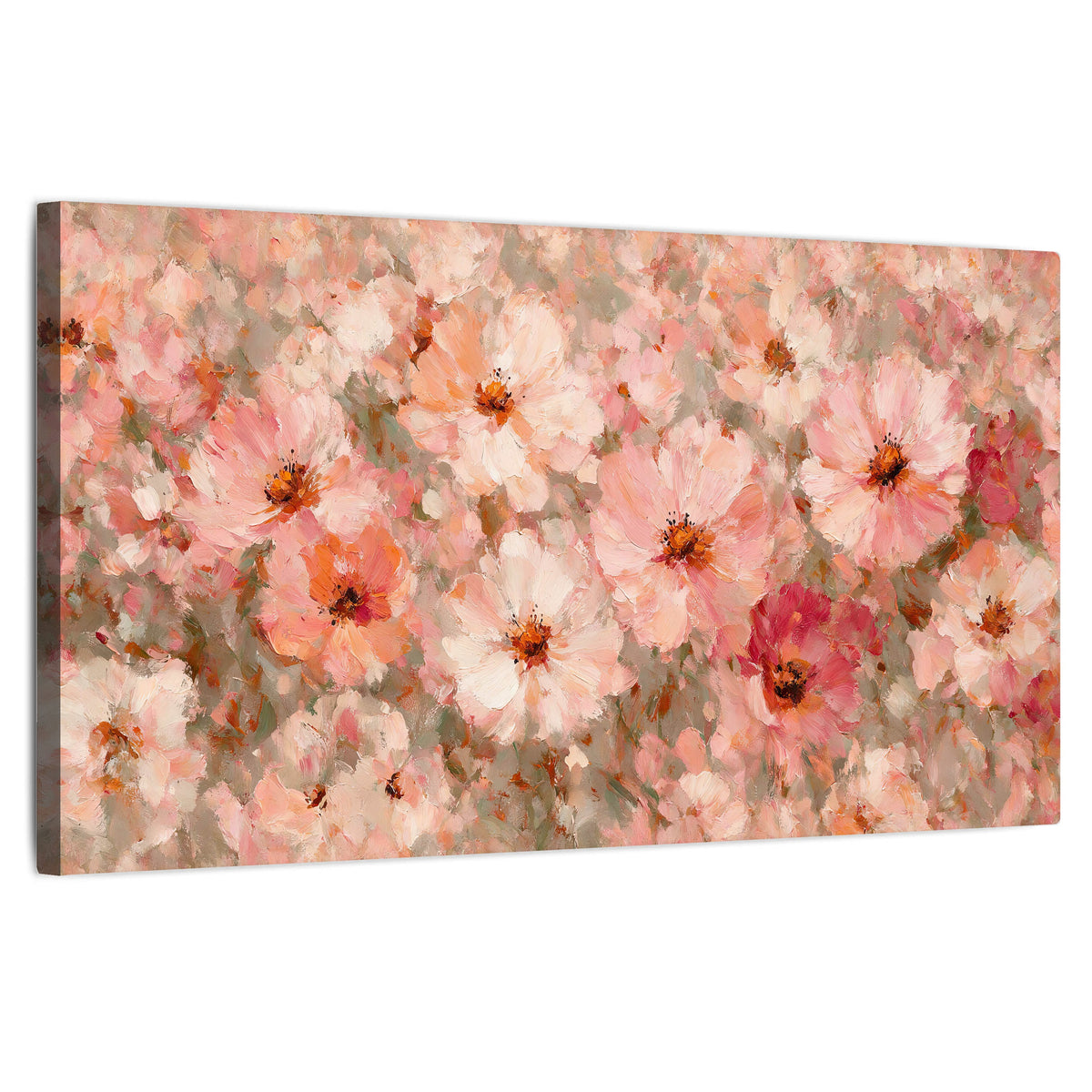 Blush pink flowers painting stretched canvas wall art on a white background