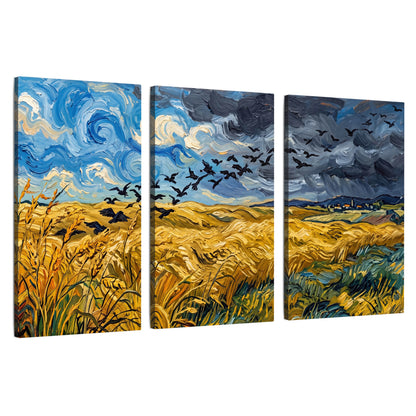 Wheat field with crows painting 3 piece canvas wall art set on a white background