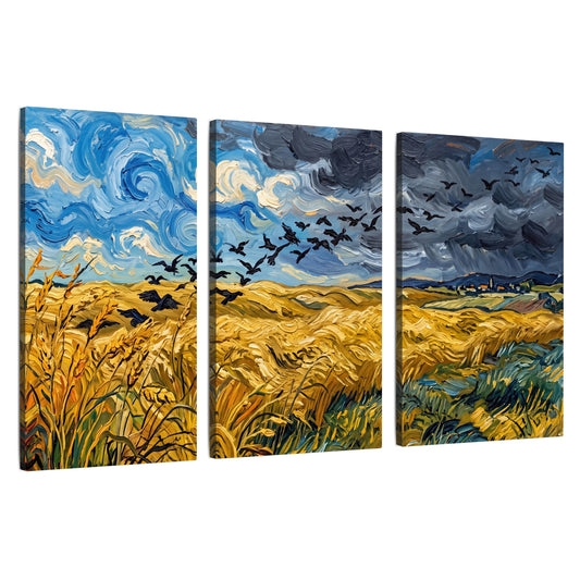 Wheat field with crows painting 3 piece canvas wall art set on a white background