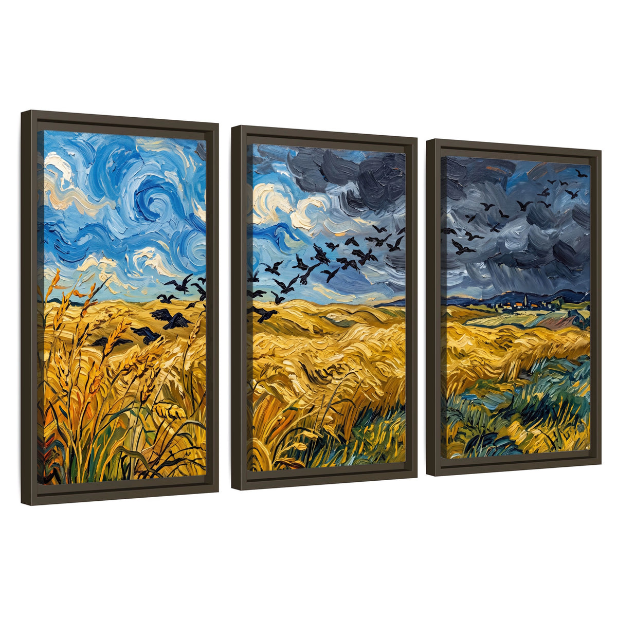 Wheat field with crows painting 3 piece framed canvas wall art set on a white background