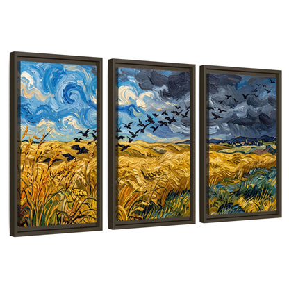 Wheat field with crows painting 3 piece framed canvas wall art set on a white background