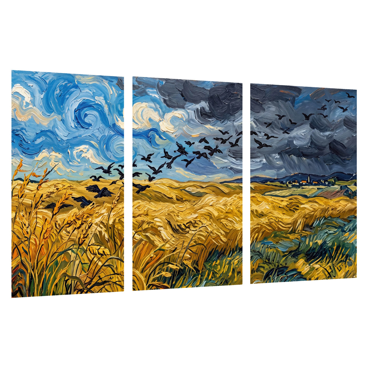 Wheat field with crows painting set of 3 poster prints on a white background