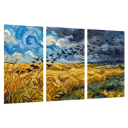 Wheat field with crows painting set of 3 poster prints on a white background