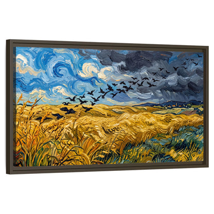 Wheat field with crows painting framed canvas wall art on a white background