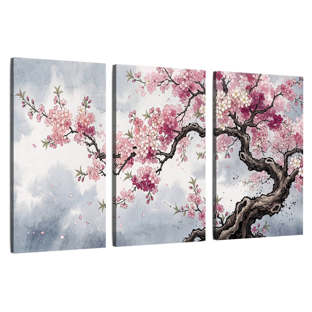 Cherry blossom tree painting 3 piece canvas wall art set on a white background