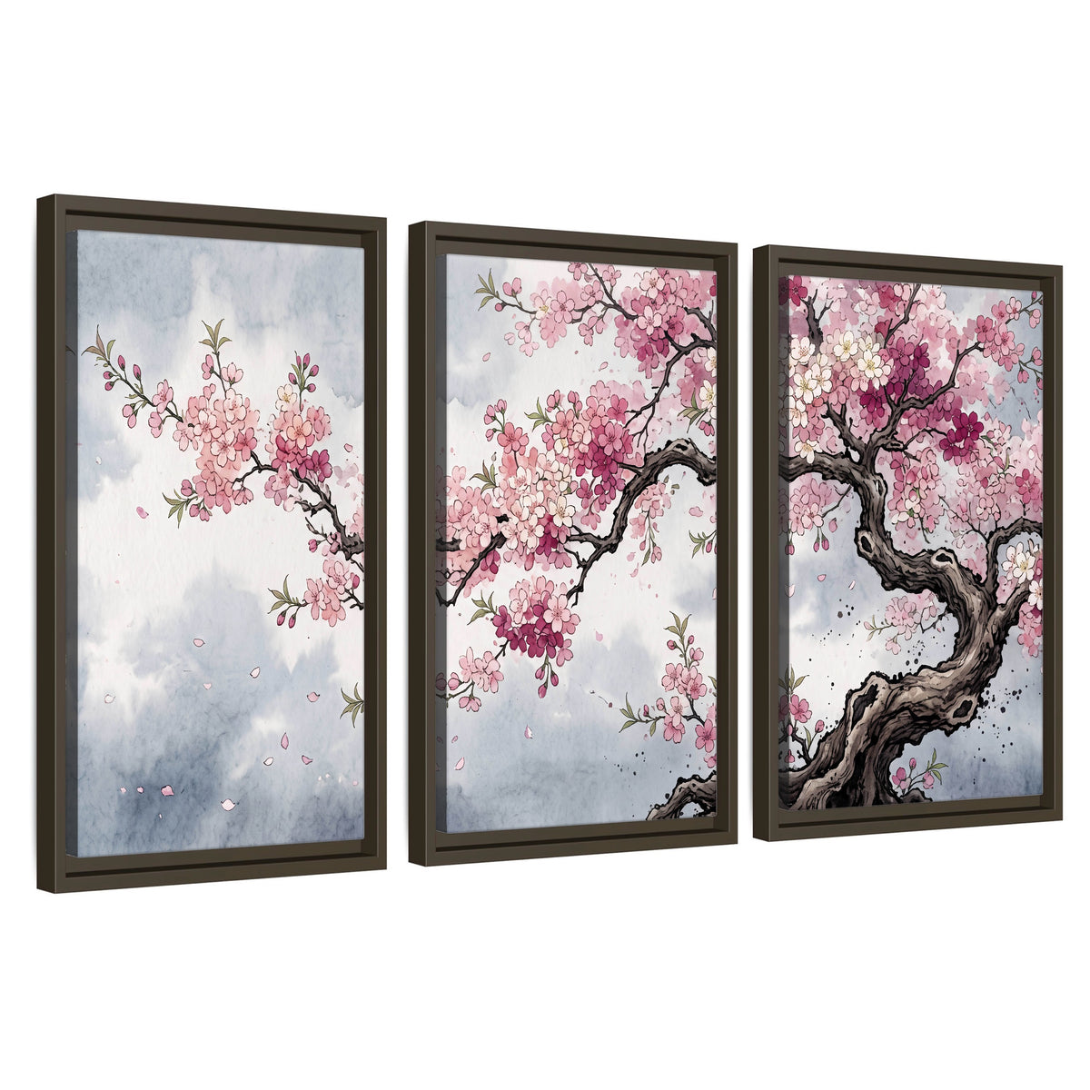 Cherry blossom tree painting 3 piece framed canvas wall art set on a white background