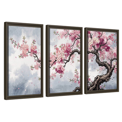 Cherry blossom tree painting 3 piece framed canvas wall art set on a white background