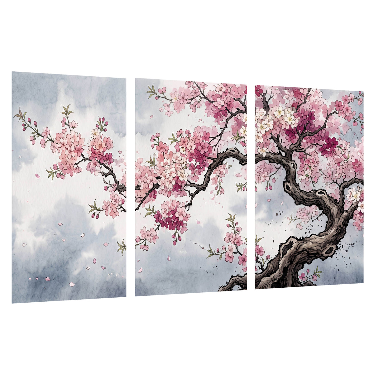 Cherry blossom tree painting set of 3 poster prints on a white background