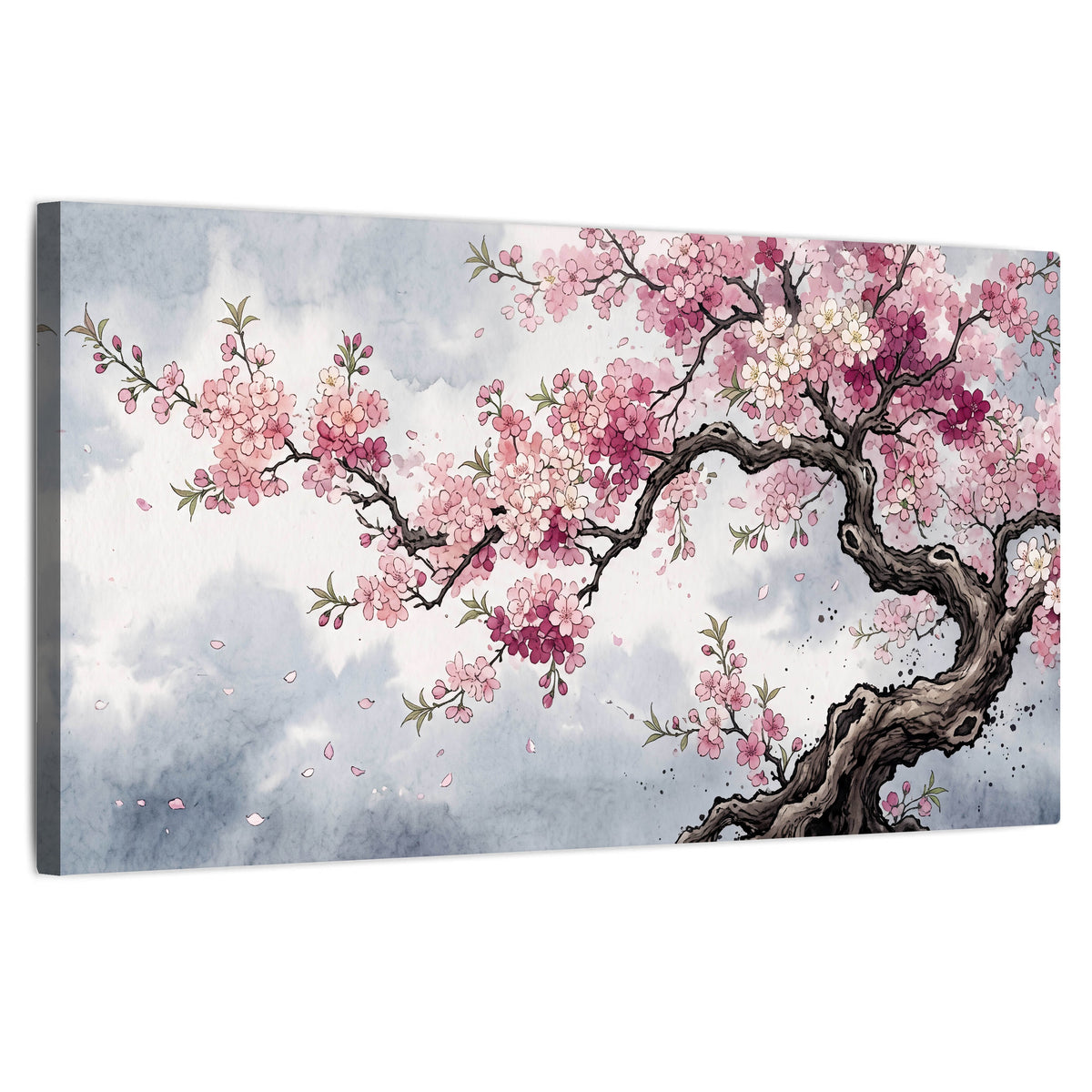 Cherry blossom tree painting stretched canvas wall art on a white background
