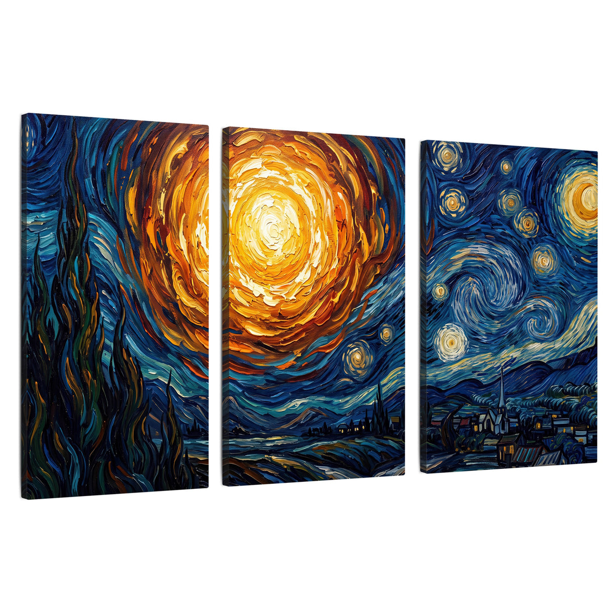 Starry night sky painting 3 piece canvas wall art set on a white background