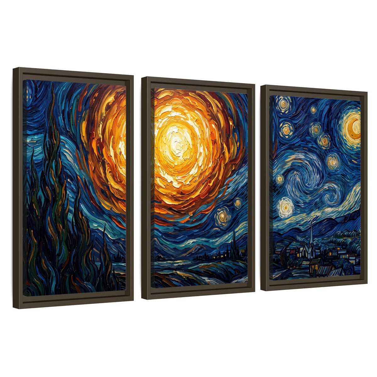 Starry night sky painting 3 piece framed canvas wall art set on a white background