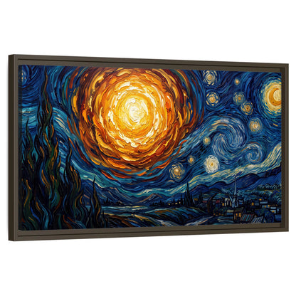 Starry night sky painting framed canvas wall art on a white background