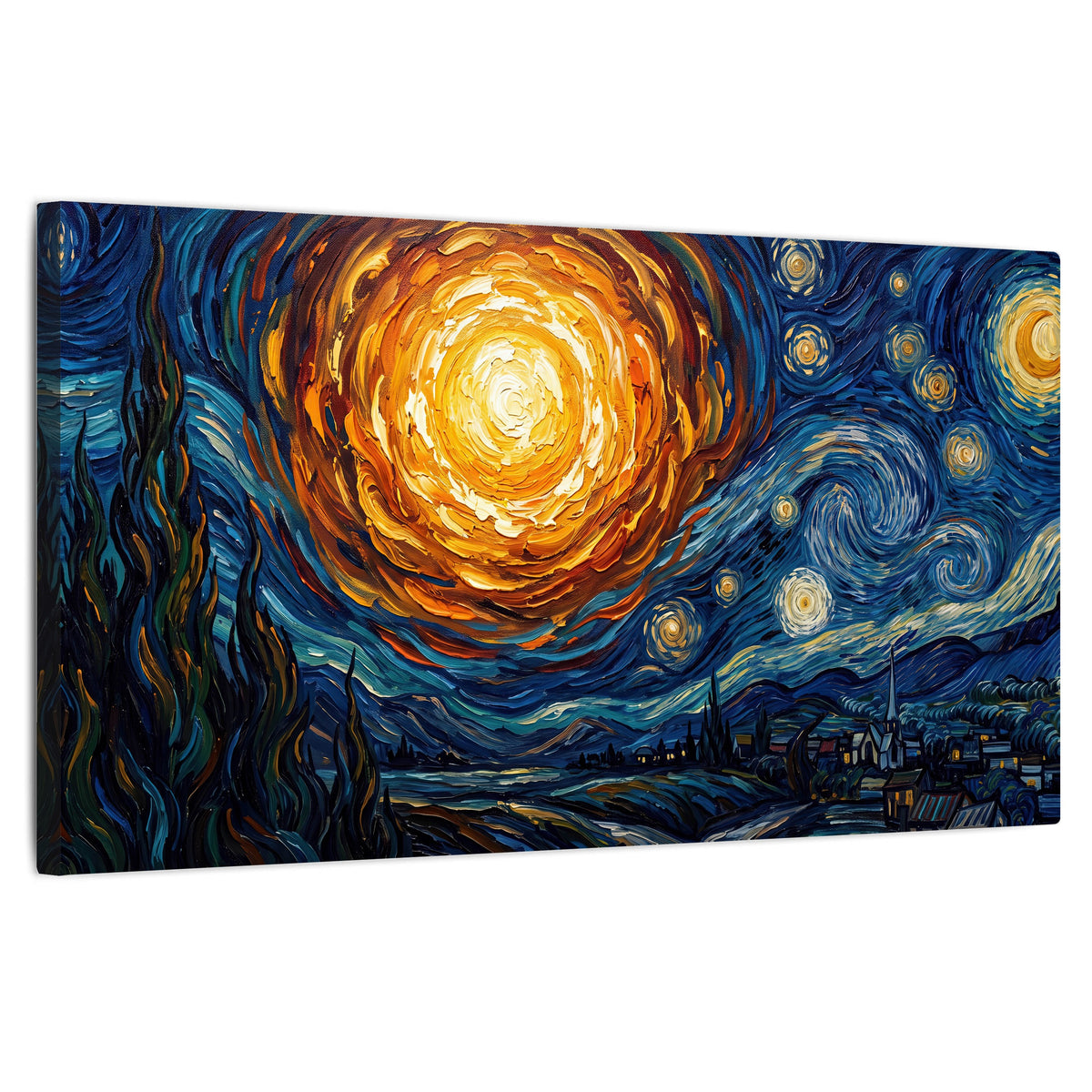 Starry night sky painting stretched canvas wall art on a white background