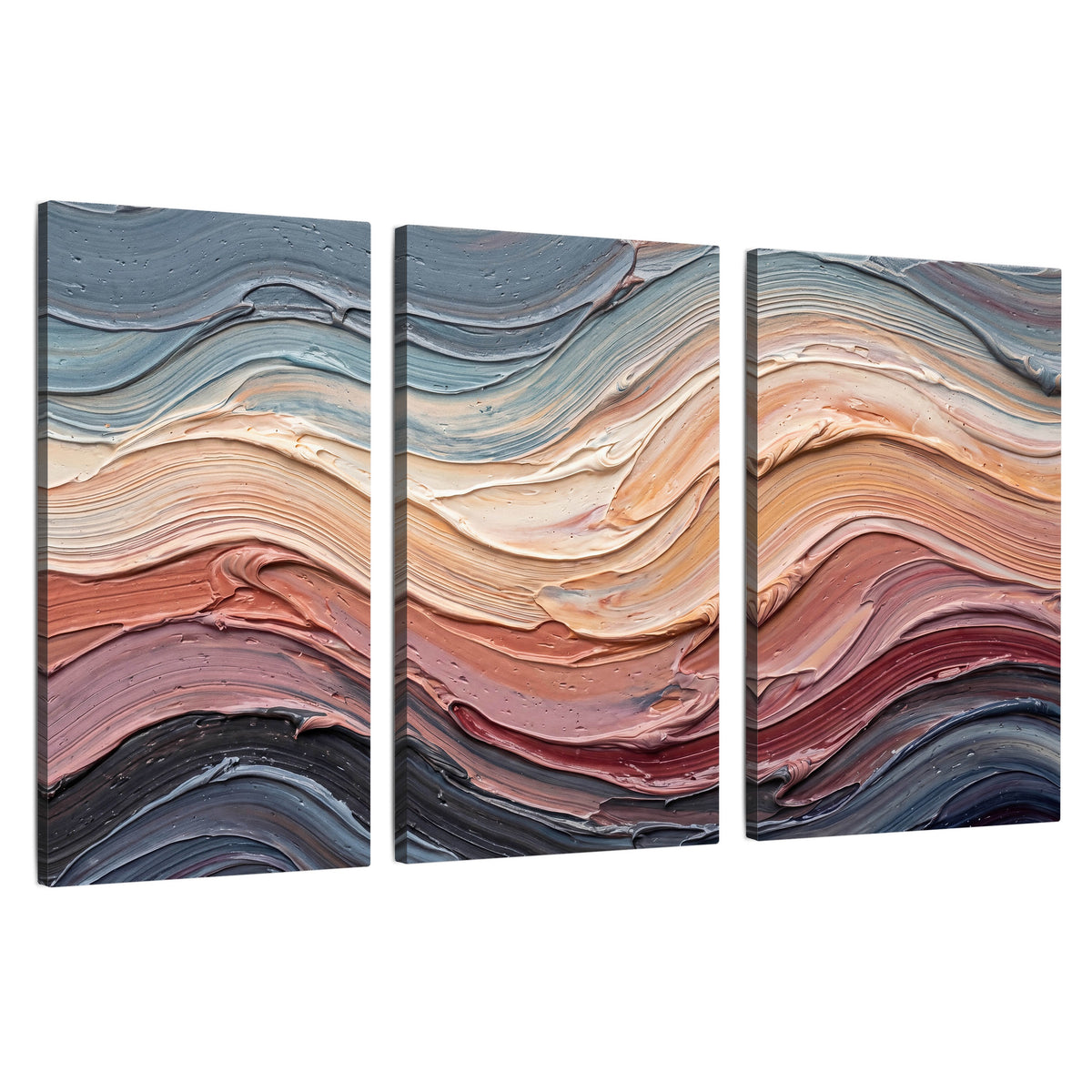 Pastel waves textured abstract painting 3 piece canvas wall art set on a white background