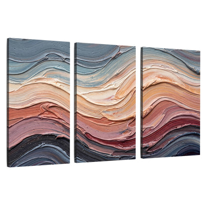 Pastel waves textured abstract painting 3 piece canvas wall art set on a white background