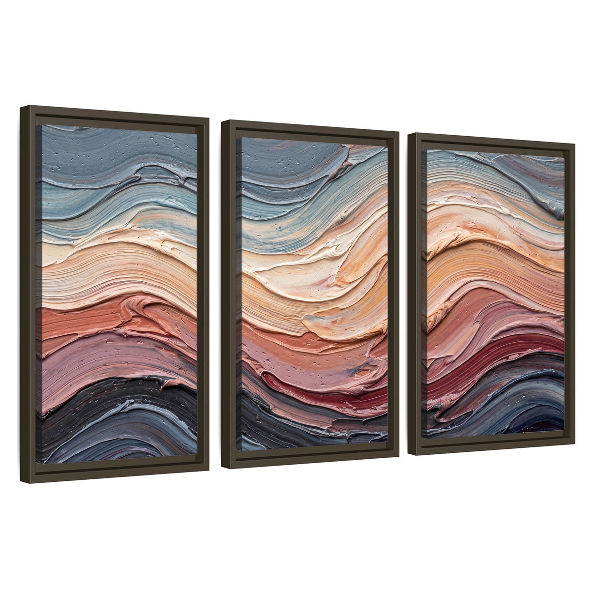 Pastel waves textured abstract painting 3 piece framed canvas wall art set on a white background