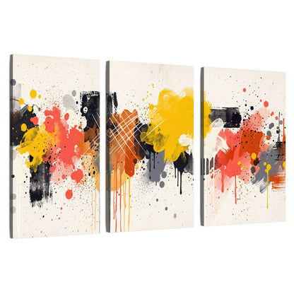 Paint splash abstract painting 3 piece canvas wall art set on a white background